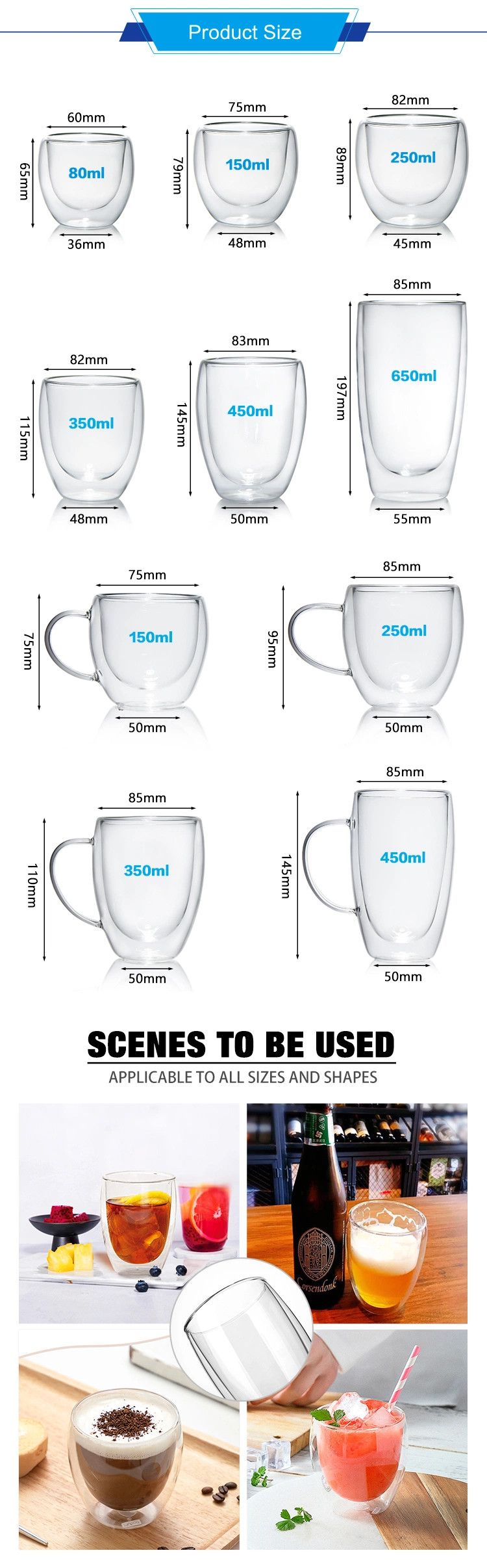 Hot Sale 80ml 250ml Borosilicate Glass Double Wall Coffee Mugs Espresso Glass Cup for Coffee and Tea