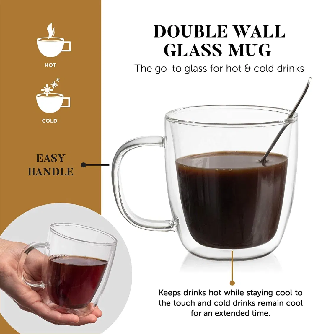 Wholesale 14 Oz Double Deck Lead-Free Glass Coffee Clear Espresso Cup for Hot and Cold Tea Lattes